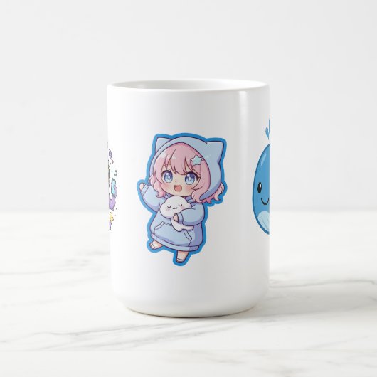 Combo Kawaii Anime, Cute Blue Whale and Octo-Vibes Kaffeetasse (Mittel)