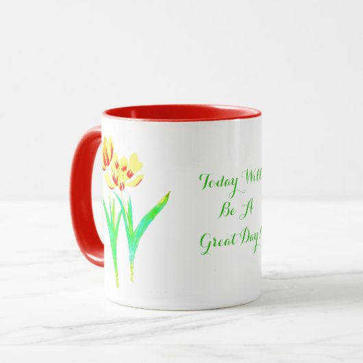 Combo-Tasse Gelb und Rot mit Text Tasse (Vorderseite Links)