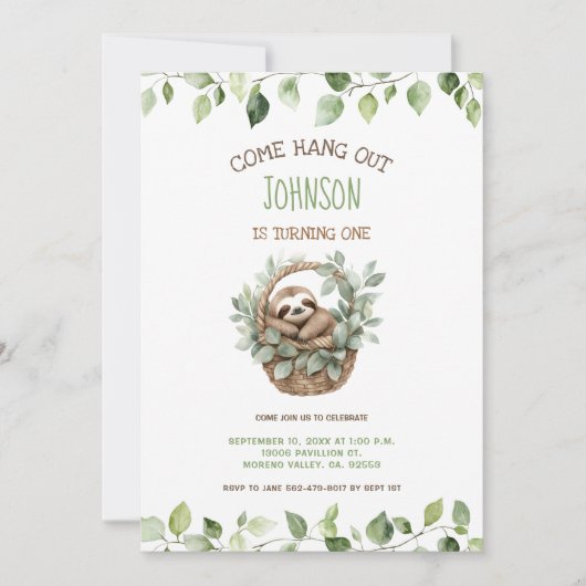 Come Hang Out Sloth Party Birthday Einladung (Vorderseite)
