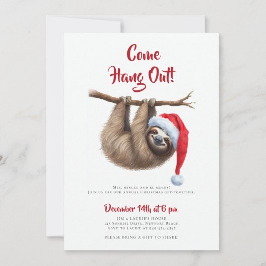 Come Hang Out Sloth Red Hat Funny Christmas Party Einladung (Vorderseite)