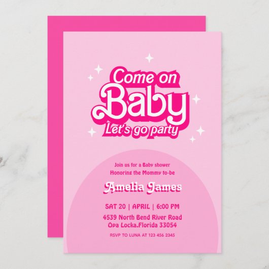 Come On Baby Let's Go Party pink Baby Shower Einladung (Vorne/Hinten)