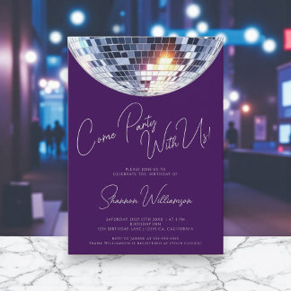 Come party purple  modern disco ball birthday  einladung