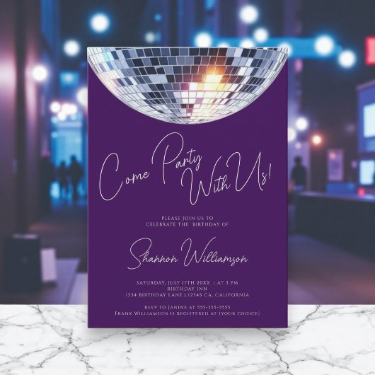Come party purple modern disco ball birthday einladung