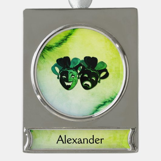 Comedy and Tragedy Theater Design Green Banner-Ornament Silber (Vorderseite)