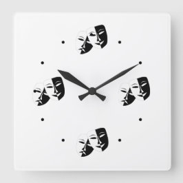 Comedy Tragedy Black and White Theatre Mask Squar Quadratische Wanduhr