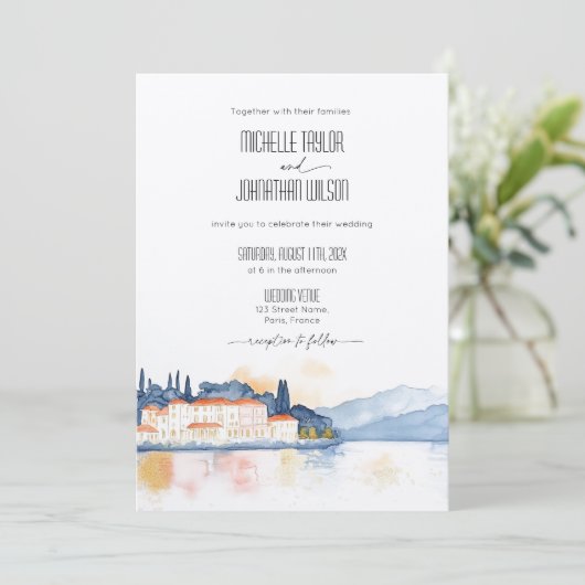 Comer See Italien Mansion Hochzeit in Urlaubsort Einladung (Stehend Vorderseite)