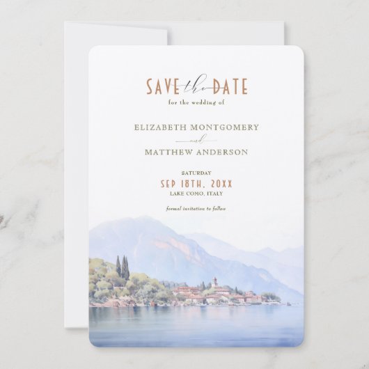 Comer See Serenity Wasserfarbe Save the Date Einladung (Vorderseite)