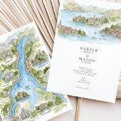 Comer See Wasserfarben-Panorama-Karten-Hochzeit Einladung