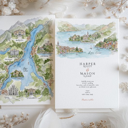 Comer See Wasserfarben-Panorama-Karten-Hochzeit Einladung