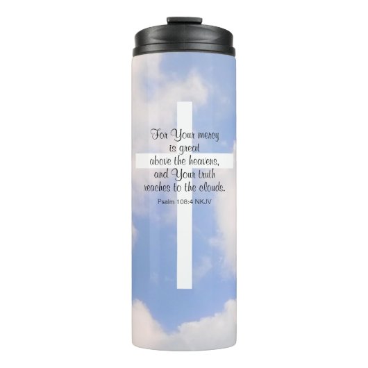 Comforting Sky Blue Bible Verse White Cross Thermosbecher (Vorderseite)
