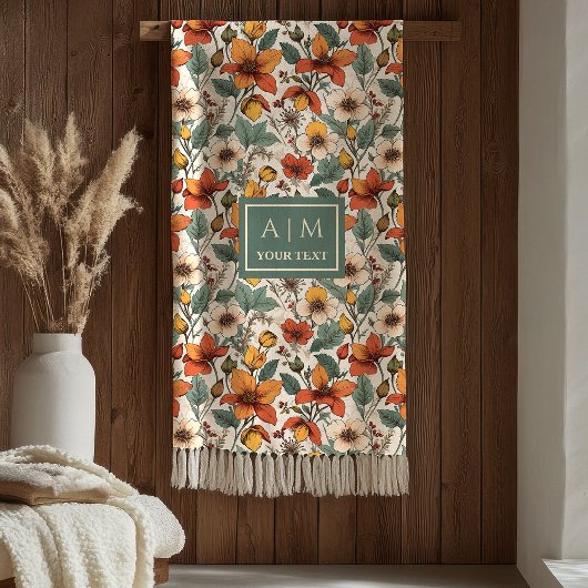 Comfy Olive Green Rust Copper Autumn Flower Art  Fleecedecke