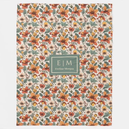 Comfy Olive Green Rust Copper Autumn Flower Art  Fleecedecke (Vorderseite)