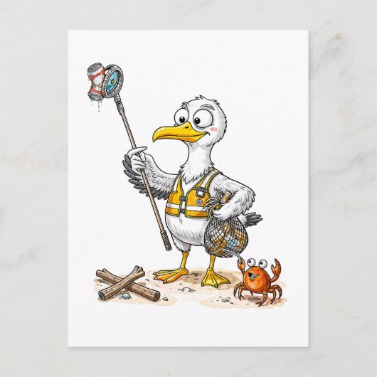 Comic Bird Beach Cleanup Crew Postkarte (Vorderseite)