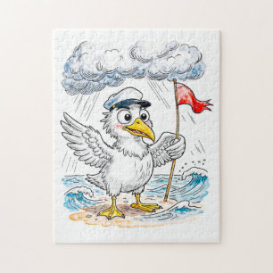 Comic Bird Strand Wind Check Postkarte Puzzle