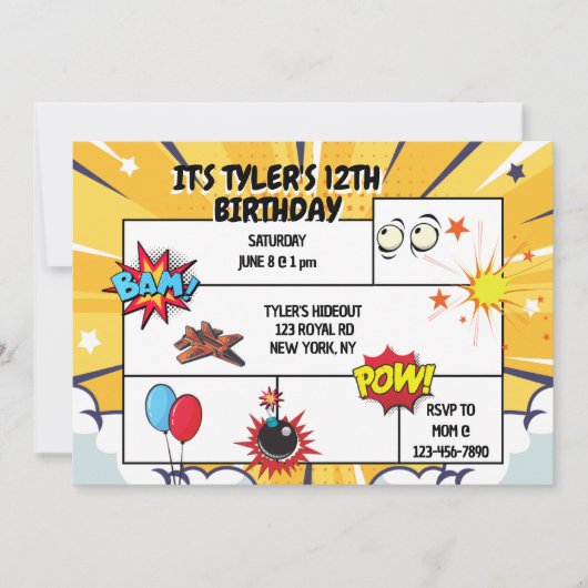 Comic Birthday Party Einladung (Vorderseite)