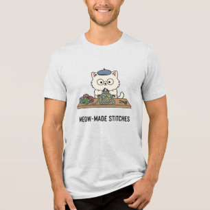 Comic Blaue Barett Katze Strickt Farbige Wolle Lie Tri-Blend Shirt