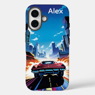 Comic-Book-Auto fährt schnell Personalisiert iPhone 16 Hülle