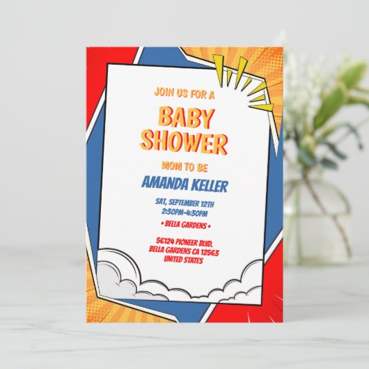 Comic Book Baby Dusche Einladung (Stehend Vorderseite)