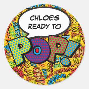 Comic-Book-Baby-Shower-Sprinkle-Ready-to-POP Runder Aufkleber
