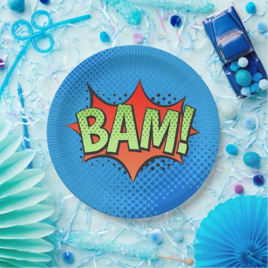 Comic Book BAM! auf blauem Hintergrund Pappteller (Party)