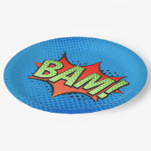 Comic Book BAM! auf blauem Hintergrund Pappteller (Schrägansicht)