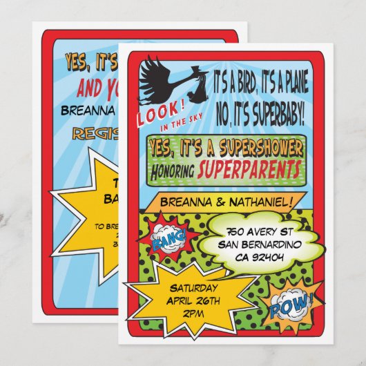 Comic Book Couples Kinderdusche Einladungen (Vorne/Hinten)