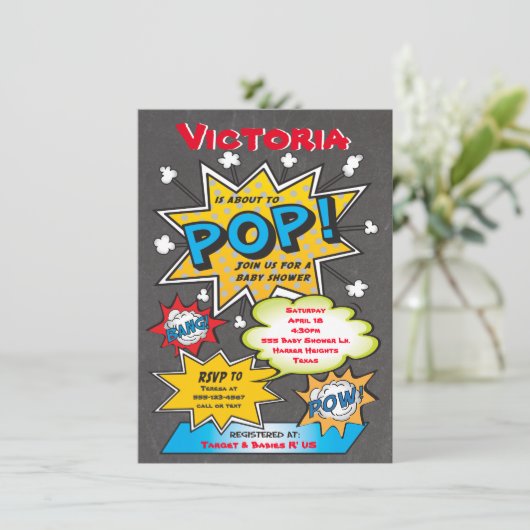 Comic Book Couples Kinderdusche Einladungen (Stehend Vorderseite)