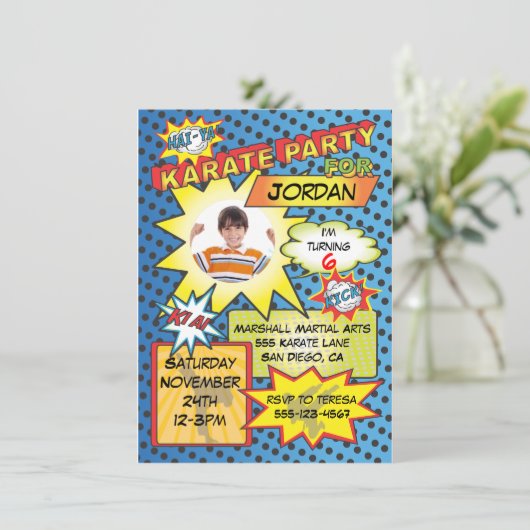 Comic Book Karate Party Einladung (Stehend Vorderseite)
