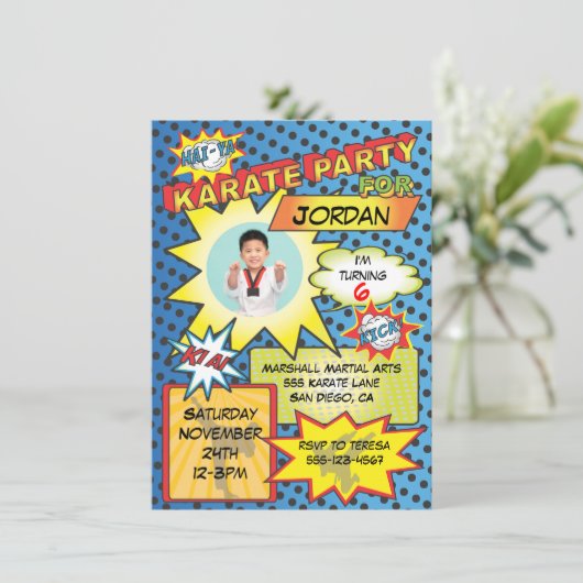 Comic Book Karate Party Einladung (Stehend Vorderseite)