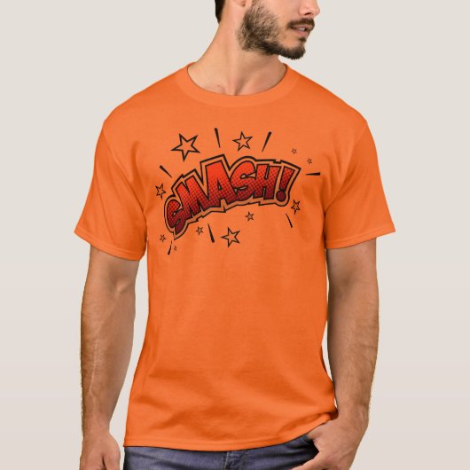 Comic-Book-Kunst-Smash-Ausrufezeichen Orange T-Shirt (Vorderseite)