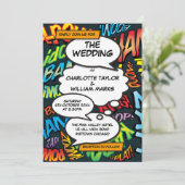Comic Book Modern Fun Wedding Einladung (Stehend Vorderseite)