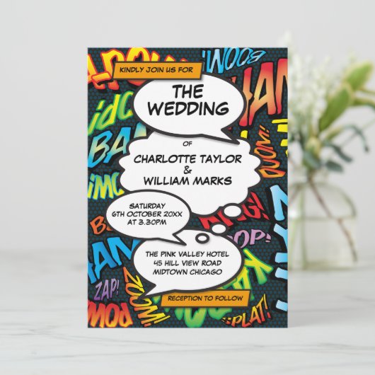Comic Book Modern Fun Wedding Einladung (Stehend Vorderseite)