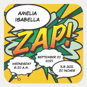 Comic Book Pop Art Geburtsstatistik Personalisiert Quadratischer Aufkleber