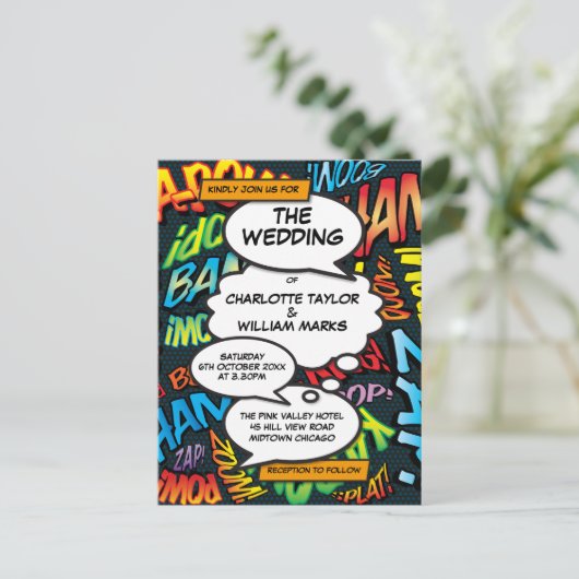 Comic Book Pop Art Hochzeit Einladung (Stehend Vorderseite)