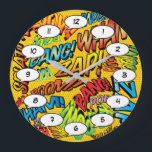 Comic Book Pop Art Sounds Große Wanduhr<br><div class="desc">Das lustige Superheld-Comic bucht Pop-Uhren, die eine große Farbvielfalt in den Zimmern rund um Ihre Zuhause oder Ihr Büro vermitteln. Ein idealer Weg, sich selbst oder jemanden, den Sie kennen, mit diesen coolen, einzigartigen Comic-Beton-Designer-Uhren zu Leckerei. Warum nicht noch etwas Zap pow und wham in Ihrem Tag heute! Entworfen von...</div>