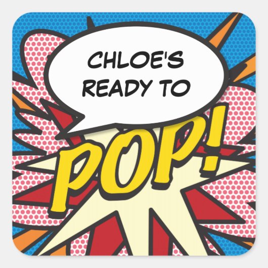 Comic Book Ready to POP! Babydusche Sprinkle Quadratischer Aufkleber (Vorderseite)