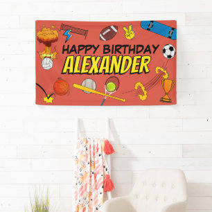 Comic-Book-Retro-Sport-Atletik-Bälle Geburtstag Banner