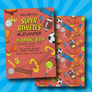 Comic-Book-Retro-Sport-Atletik-Bälle Geburtstag Einladung