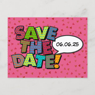Comic Book Save The Date Rosa Herzen Ankündigungspostkarte