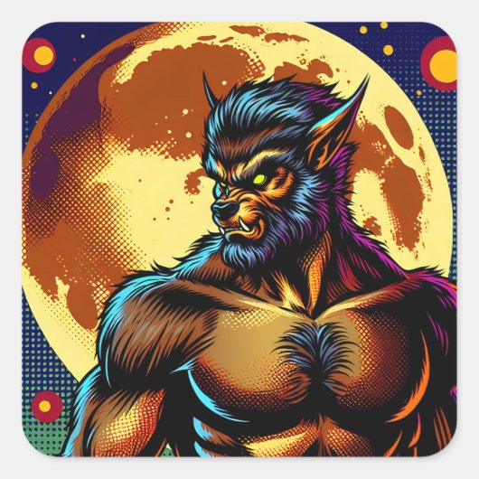 Comic Book Style Werewolf vor Vollmond Quadratischer Aufkleber (Vorderseite)