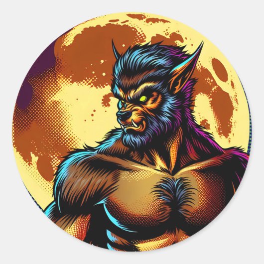 Comic Book Style Werewolf vor Vollmond Runder Aufkleber (Vorderseite)