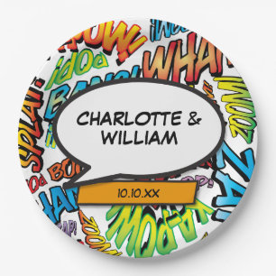 Comic-Book-Superheld-Trendy-Typografie Pappteller