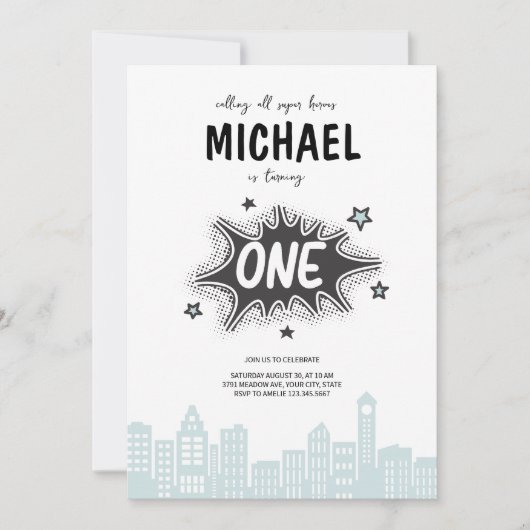 Comic Book Superhero 1. Geburtstag Einladung (Vorderseite)