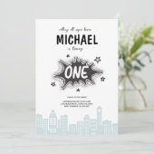 Comic Book Superhero 1. Geburtstag Einladung (Stehend Vorderseite)