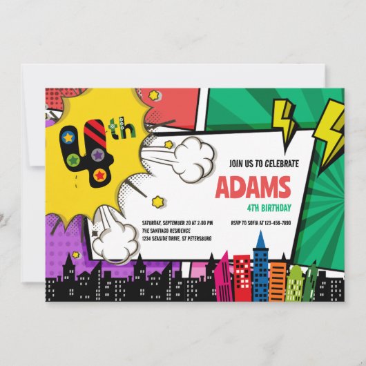 Comic Book Superhero 4. Geburtstag Einladung (Vorderseite)