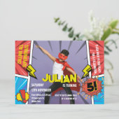 Comic Book Superhero 5th Boys Geburtstag Einladung (Stehend Vorderseite)