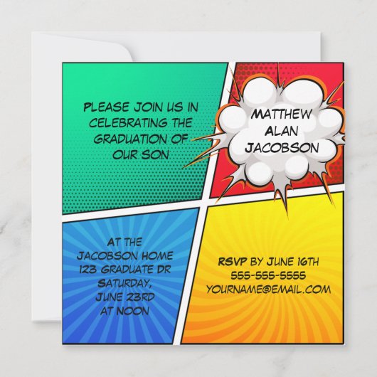 Comic Book Superhero Abschluss Einladung (Rückseite)