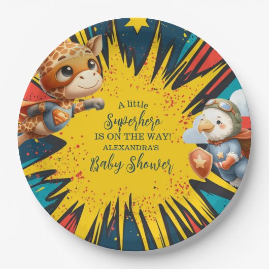 Comic Book Superhero Boy Babydusche Pappteller (Vorderseite)