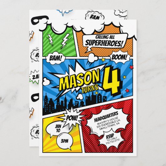 Comic Book Superhero Einladung zum Geburtstag (Vorne/Hinten)