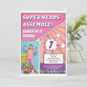 Comic Book Superhero Einzigartiges Girl's Foto Geb Einladung (Stehend Vorderseite)